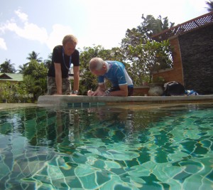 Last-minute prep, poolside at the Instructor Exam